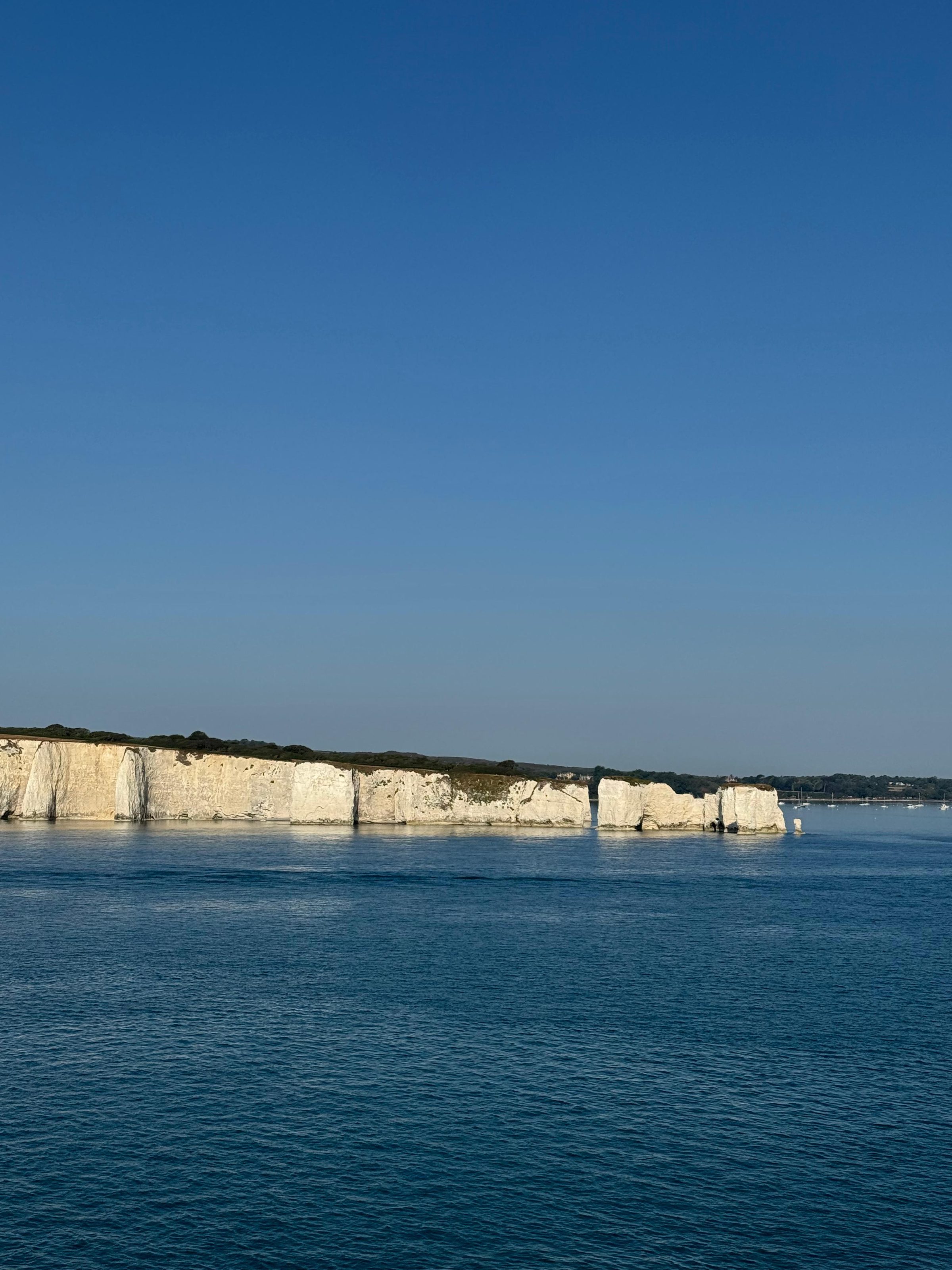 A long line of white chalk cliffs above calm water, walkers small on the clifftop.