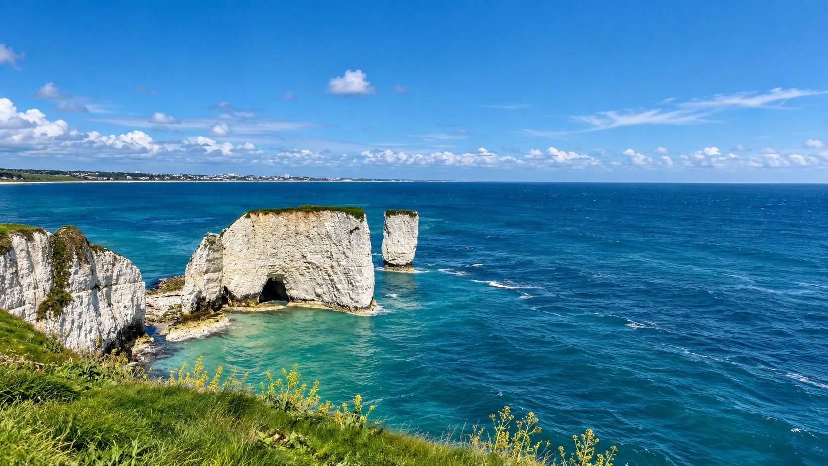 White chalk sea stacks standing in turquoise shallows below a grassy clifftop.
